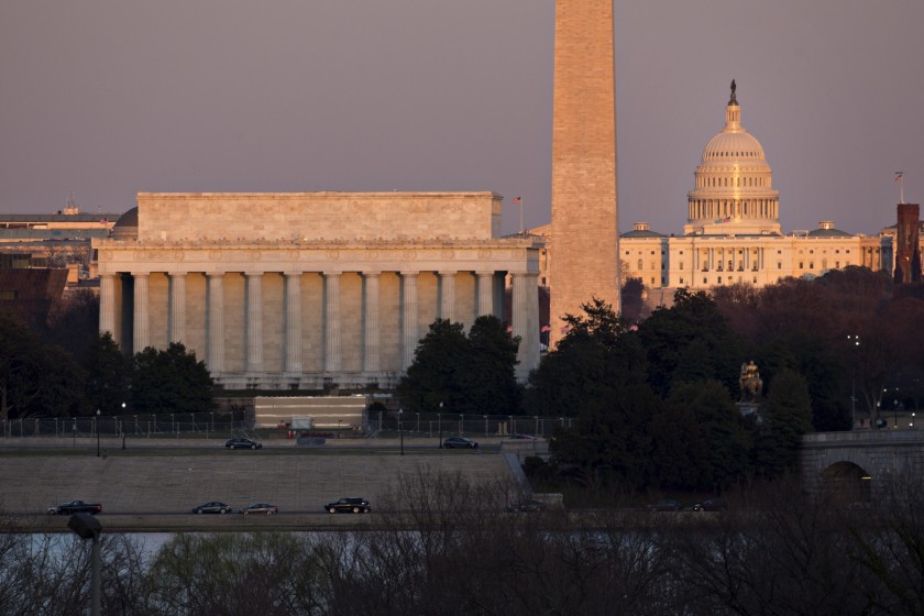 The Lincoln Memorial, from left, Washington Monument and U.S. Capitol at sunset in Washington, D.C.