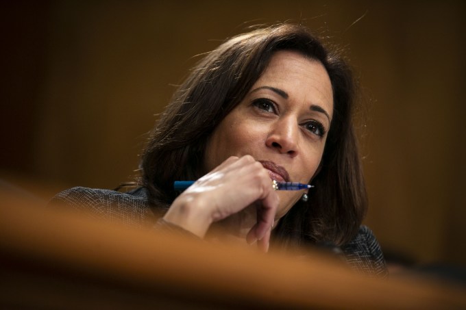 Senator Kamala Harris, a Democrat from California, listens during a Senate Homeland Security committee hearing on Capitol Hill.