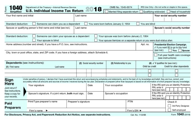 Front of simplified Form 1040