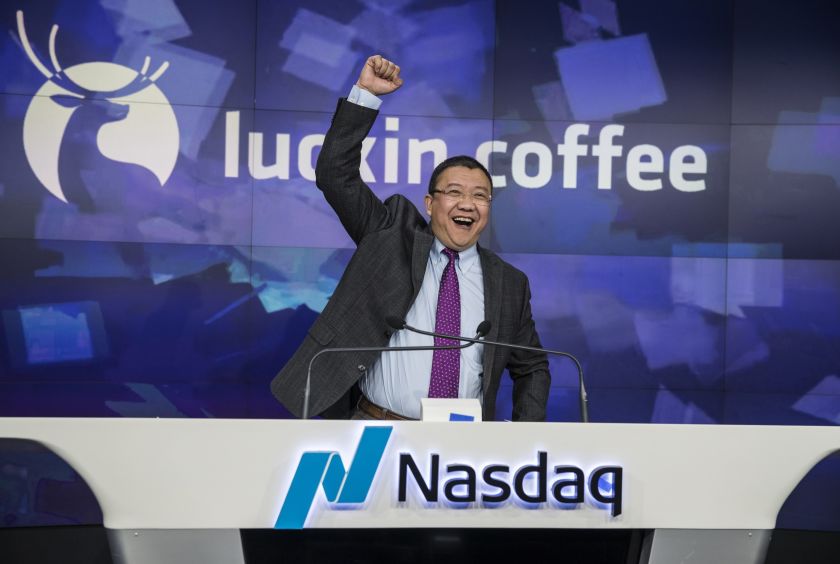 Charles Zhengyao Lu, chairman and founder of Luckin Coffee Inc., gestures while speaking during the company's IPO at the Nasdaq MarketSite in New York.