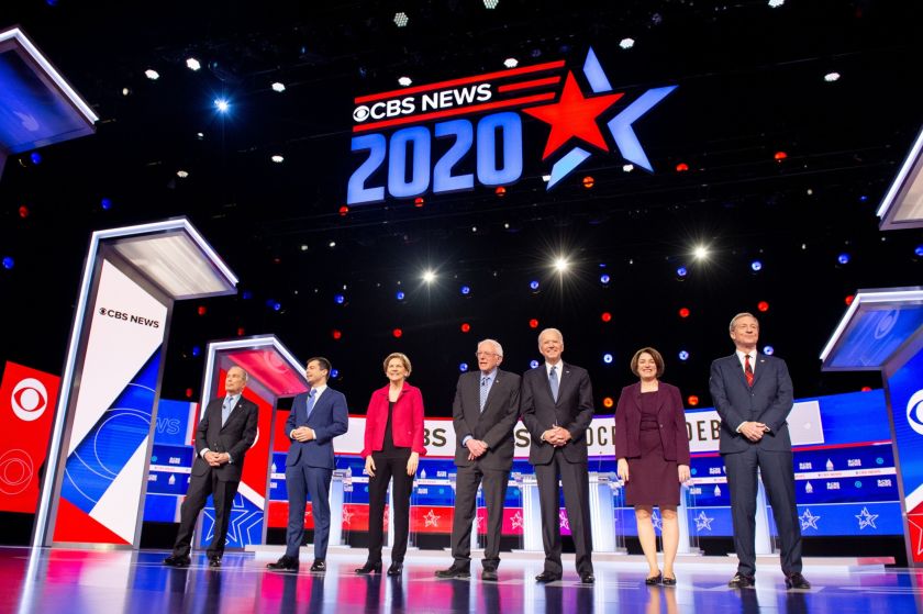 2020 presidential candidates Michael Bloomberg, founder of Bloomberg LP, from left, Pete Buttigieg, former mayor of South Bend, Senator Elizabeth Warren, a Democrat from Massachusetts, Senator Bernie Sanders, an Independent from Vermont, former Vice President Joe Biden, and Senator Amy Klobuchar, a Democrat from Minnesota, and Tom Steyer, cofounder of NextGen Climate Action Committee arrive on stage during the Democratic presidential candidate debate in Charleston, South Carolina.