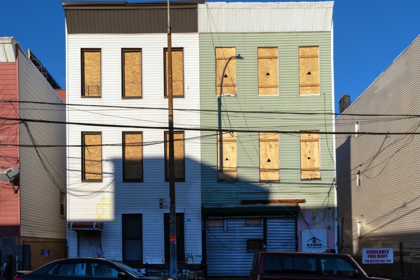 Boarded up residential buildings in the Port Morris neighborhood of the Bronx