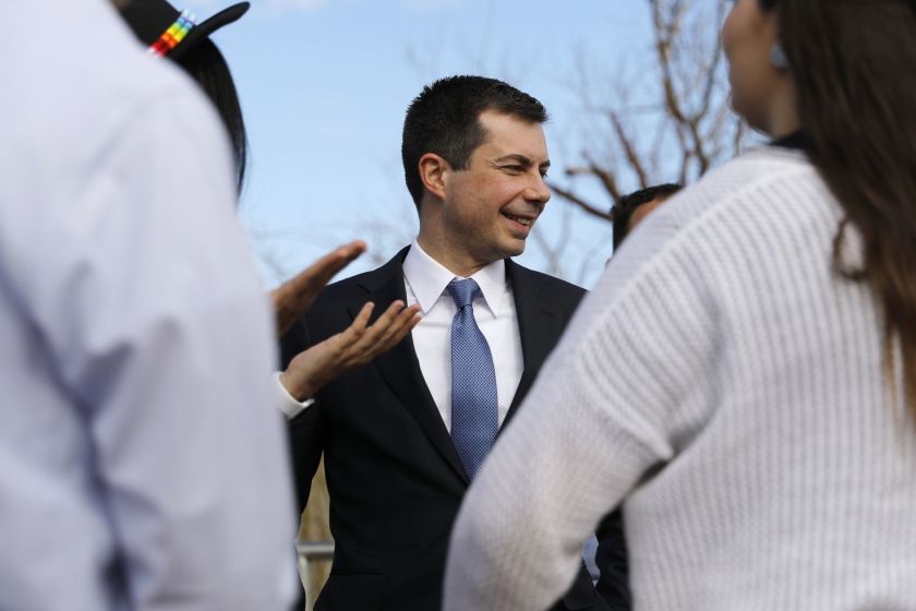Pete Buttigieg, former mayor of South Bend and 2020 presidential candidate, speaks with supporters following a campaign event in Las Vegas.