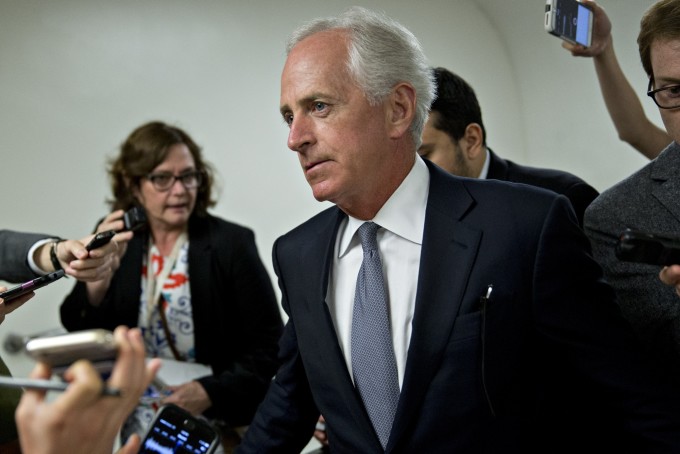 Senator Bob Corker, a Republican from Tennessee, speaks to members of the media in the basement of the U.S. Capitol in Washington, D.C.