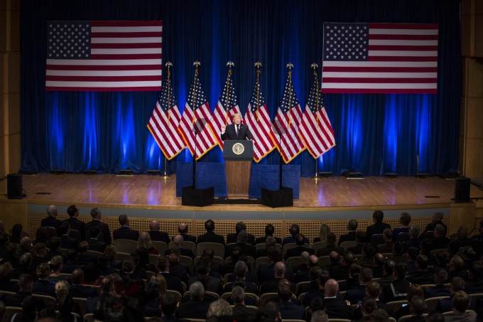 President Donald Trump speaks during a national security strategy speech at the Ronald Reagan Building in Washington, D.C.