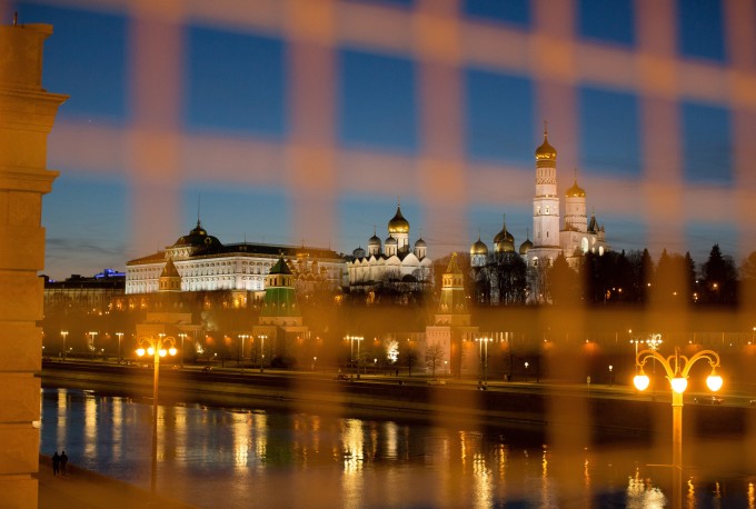 The buildings of the Kremlin complex beside the Moskva River in Moscow