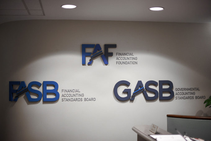 FASB, GASB and FAF logos on the wall at headquarters in Norwalk, Connecticut