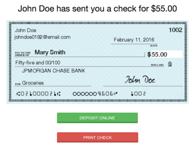 A digital check sent via Checkbook.